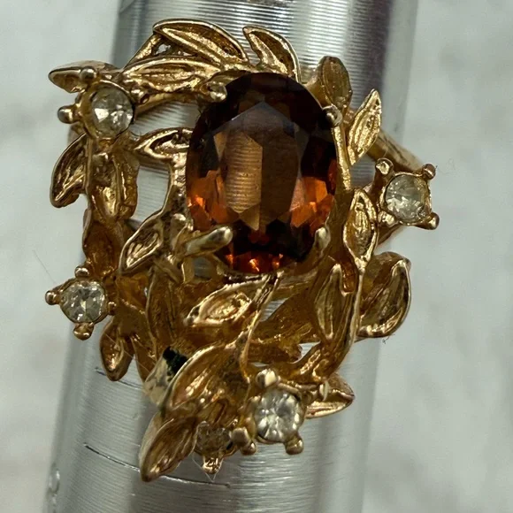 Vintage Floral Smoky Topaz Rhinestone Ring Gold Tone 18K HGE - Picture 2 of 15